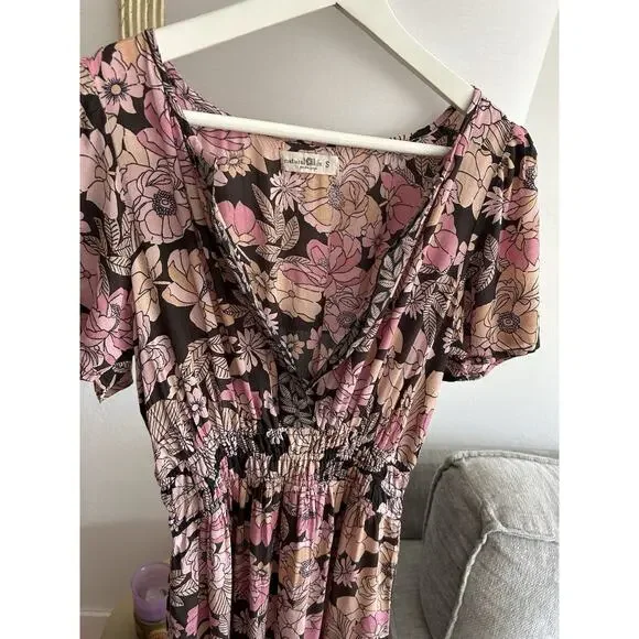 Natural Life Bella Floral Maxi Dress Tiered Pink Floral Prairie Boho Cottage S - Picture 9 of 12